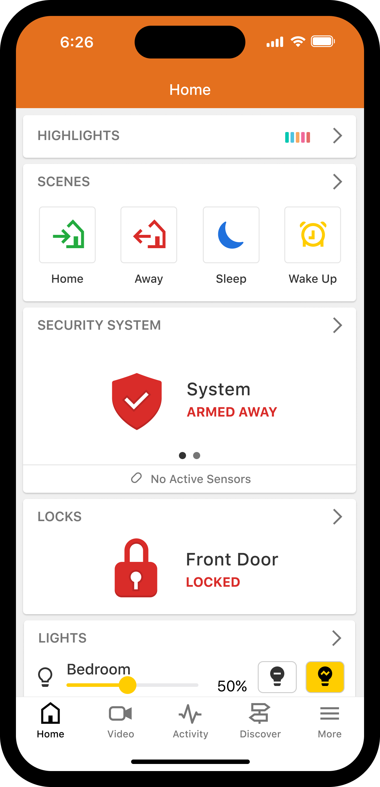 ADC_AppUI_Residential_OrangeHeader_Dashboard_ScenesSecurityLocksLights